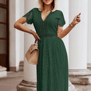 MEROKEETY Women's V Neck Short Sleeve Floral Lace Wedding Bridesmaid Maxi dress